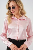 3964 Hafif Dökümlü Saten Gömlek - Pembe thumbnail 1