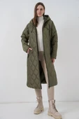 5177 Kapüşonlu Uzun Kapitone Mont - Haki thumbnail 3