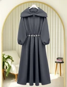 Boğazlı Yarım Fermuarlı Beli Büzgülü Kemerli Scuba Elbise  -Füme thumbnail 1