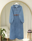 Yarım Boğazlı Fermuarlı Cepli Kot Elbise  -Buz Mavi thumbnail 1