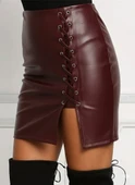 Kadın Yüksek Bel Yandan çapraz Bağcıklı Yırtmaçlı Mini Deri Etek thumbnail 2