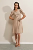 2370 Kuşaklı Örme Elbise - Bej thumbnail 2