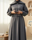 Boğazlı Yarım Fermuarlı Beli Büzgülü Kemerli Scuba Elbise  -Füme thumbnail 3