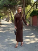 Kadın Uzun Kollu Bisiklet Yaka Yandan Bağlamalı Uzun Modal Elbise thumbnail 3