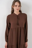 T1627 Yaka Bağcıklı Elbise - E. Kahve thumbnail 3