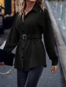 Kadın Uzun Kollu Yakalı önden Düğmeli Belden Kemerli Ithal Krep Bluz thumbnail 2