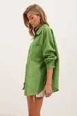 20153 Tek Cepli Oversize Keten Gömlek - E.Yeşil thumbnail 2