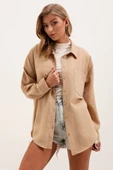 20153 Tek Cepli Oversize Keten Gömlek - A.Bej thumbnail 4