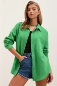 20153 Tek Cepli Oversize Keten Gömlek - Yeşil thumbnail 4