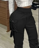 Kadın Yüksek Bel Beli Lastikli Kargo Cep Detaylı Gabardin Pantolon thumbnail 2