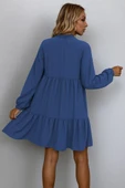 Kadın Uzun Kollu Yakadan Bağcıklı Fırfırlı Keten Mini Elbise thumbnail 4