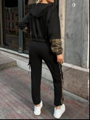 Kadın Uzun Kollu Kapşonlu Leopar Desenli Viskon Iki Iplik Bluz Ve Pantolon Ikili Takım thumbnail 5