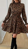 Kadın Uzun Kollu Yarı Balıkçı Yaka Leopar Desenli Modal Mini Elbise thumbnail 1
