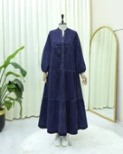 Yarım Düğmeli Kolu Lastikli Yarasa Kol Kot Elbise  -Laci thumbnail 1