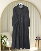 Boydan Düğmeli Kolu Lastikli Cepli Kot Elbise   -Antrasit thumbnail 1