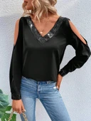 Kadın Uzun Kollu V Yakalı Omuzlardan Açık Sandy Bluz thumbnail 1