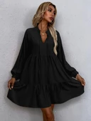 Kadın Uzun Kollu Yakadan Bağcıklı Fırfırlı Keten Mini Elbise thumbnail 1