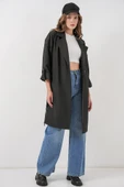 9104 Kruvaze Yaka Astarlı Trençkot - Siyah thumbnail 2