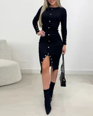 Kadın Uzun Kollu Yırtmaçlı Düğme Detaylı Midi Kaşkorse Elbise thumbnail 2