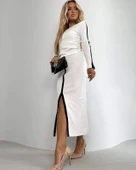 Kadın Uzun Kollu Bisiklet Yaka Kaşkorse Bluz Ve Yırtmaçlı Etek Ikili Takım thumbnail 3