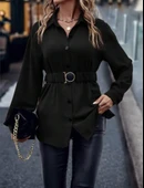 Kadın Uzun Kollu Yakalı önden Düğmeli Belden Kemerli Ithal Krep Bluz thumbnail 1