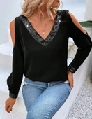 Kadın Uzun Kollu V Yakalı Omuzlardan Açık Sandy Bluz thumbnail 3