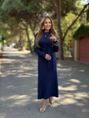 Kadın Uzun Kollu Bisiklet Yaka Yandan Bağlamalı Uzun Modal Elbise thumbnail 3