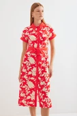 2455 Desenli Gömlek Elbise - Kırmızı thumbnail 4