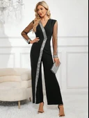 Kadın Uzun V Yakalı önden Pulpayet Detaylı Tüllü Uzun Ithal Krep Tulum thumbnail 2