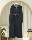 Yarım Boğazlı Fermuarlı Cepli Kot Elbise  -Antrasit thumbnail 1