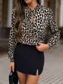 Kadın Uzun Kollu Yakadan Bağcıklı Leopar Desenli Süprem Bluz thumbnail 1