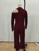 Kadın Tek Omuzdan Açık Balıkçı Yaka Taş Detaylı Uzun Ithal Krep Tulum thumbnail 5