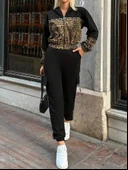 Kadın Uzun Kollu Kapşonlu Leopar Desenli Viskon Iki Iplik Bluz Ve Pantolon Ikili Takım thumbnail 2