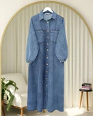 Boydan Düğmeli Kolu Lastikli Cepli Kot Elbise   -Buz Mavi thumbnail 1