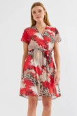 2502 Kısa Kol Desenli Şifon Elbise - Kırmızı thumbnail 3