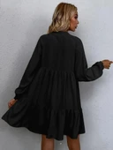 Kadın Uzun Kollu Yakadan Bağcıklı Fırfırlı Keten Mini Elbise thumbnail 5