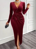 Kadın Uzun Kollu Kruvaze Yaka önünden çapraz Detaylı Uzun Kadife Elbise thumbnail 4