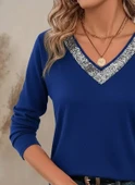Kadın Uzun Kollu V Payet Yakalı Viskon Bluz thumbnail 3