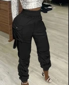 Kadın Yüksek Bel Beli Lastikli Kargo Cep Detaylı Gabardin Pantolon thumbnail 1