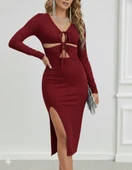 Kadın Uzun Kollu Göğüs Ve Göbek Dekolte Detay Sandy Midi Boy Elbise thumbnail 3