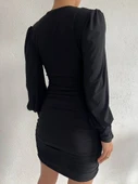 Lastikli Düğmeli V Yaka Sandy Mini Elbise -Siyah thumbnail 1