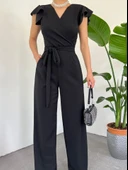 Fermuar Detaylı Fırfırlı Tulum -Siyah thumbnail 1