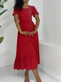 Kare Yaka Beli Lastikli Kısa Kol Ayrobin Elbise -Kırmızı thumbnail 2