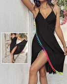 Kadın Askılı Derin V Yakalı çapraz Geçmeli Ponponlu Bürümcük Pareo thumbnail 3