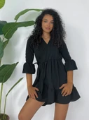 Eteği Ve Kolları Fırfırlı Beli Lastikli Ayrobin Elbise  -Siyah thumbnail 2