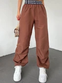 Beli Bantlı Paçası Lastikli Pantolon -Kahve thumbnail 1