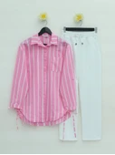 Yandan Bağlamalı Cepli Çizgili Gömlek -Pembe thumbnail 1