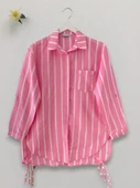 Yandan Bağlamalı Cepli Çizgili Gömlek -Pembe thumbnail 2