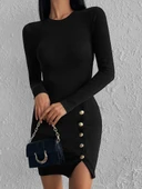 Kadın Siyah Uzun Kollu Bisiklet Yaka Yan Yırtmaç Düğme Detay Kısa Kaşkorse Elbise thumbnail 8