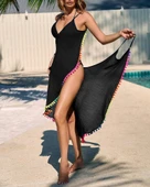 Kadın Askılı Derin V Yakalı çapraz Geçmeli Ponponlu Bürümcük Pareo thumbnail 5